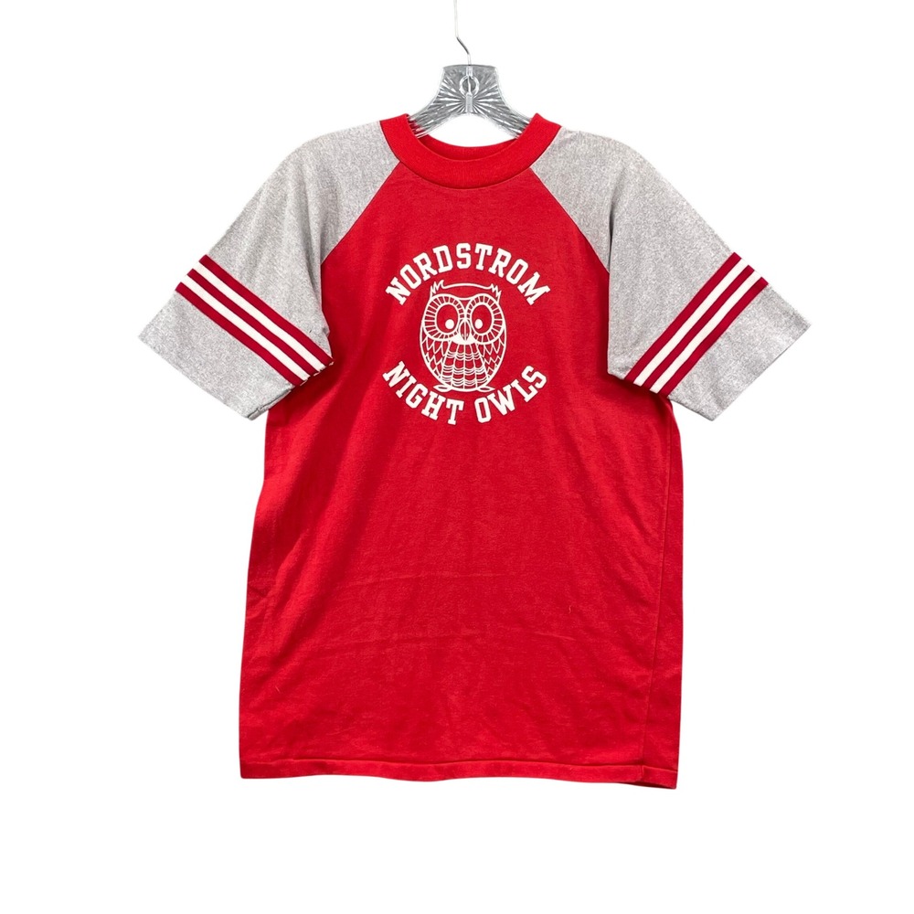 Vintage Nordstrom Night Owls T Shirt Mens Large Red Gray Raglan Baseball Graphic